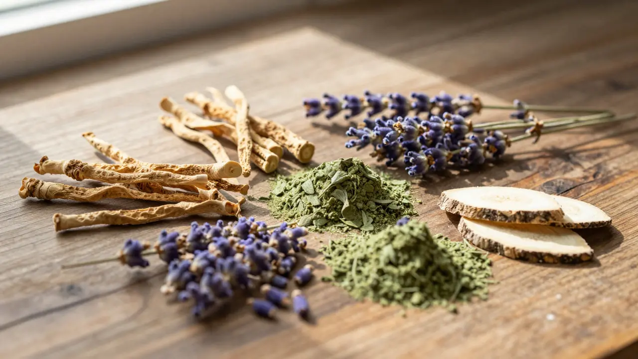 Frische Kräuter wie Lavendel und Ashwagandha auf Holz