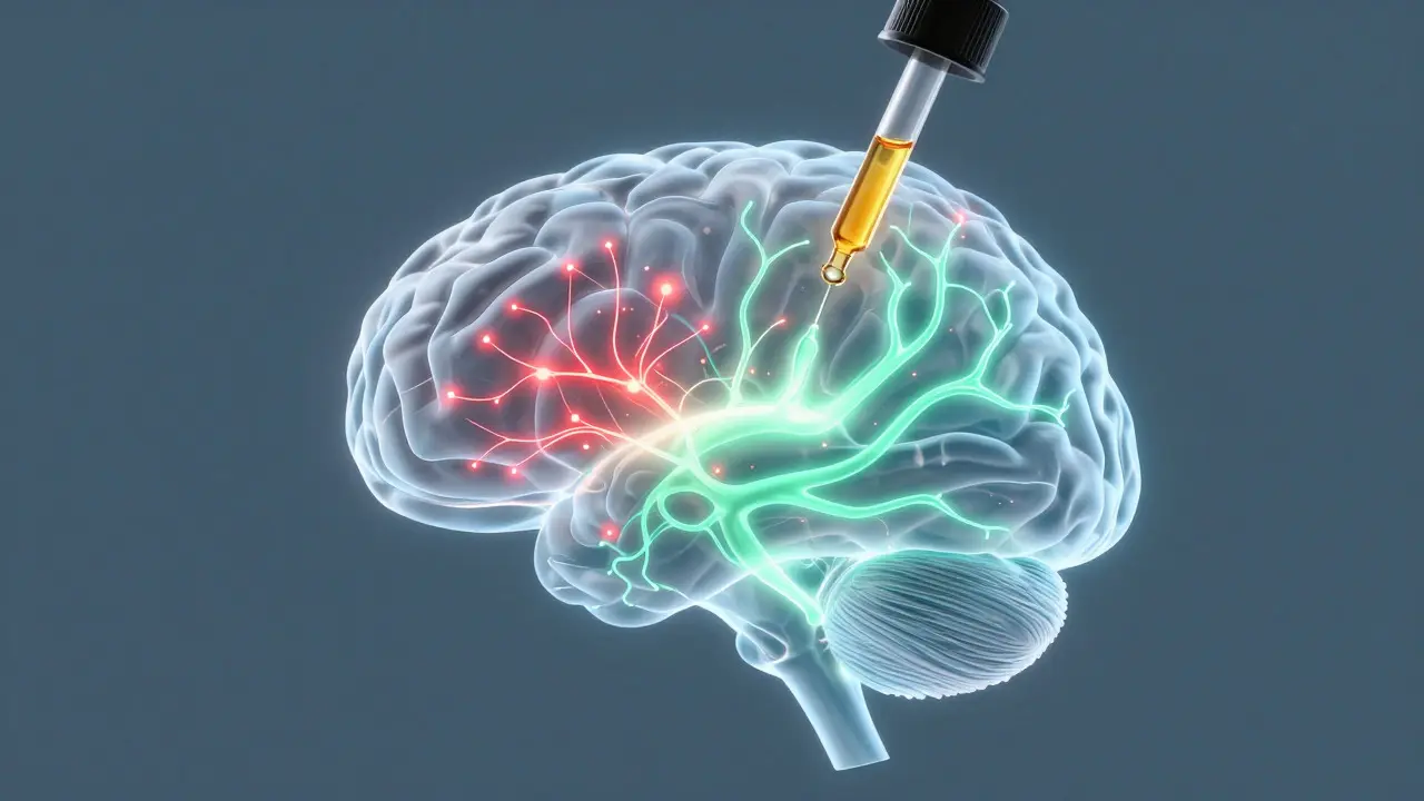 Gehirnillustration zeigt beruhigende Wirkung von Cannabinoiden