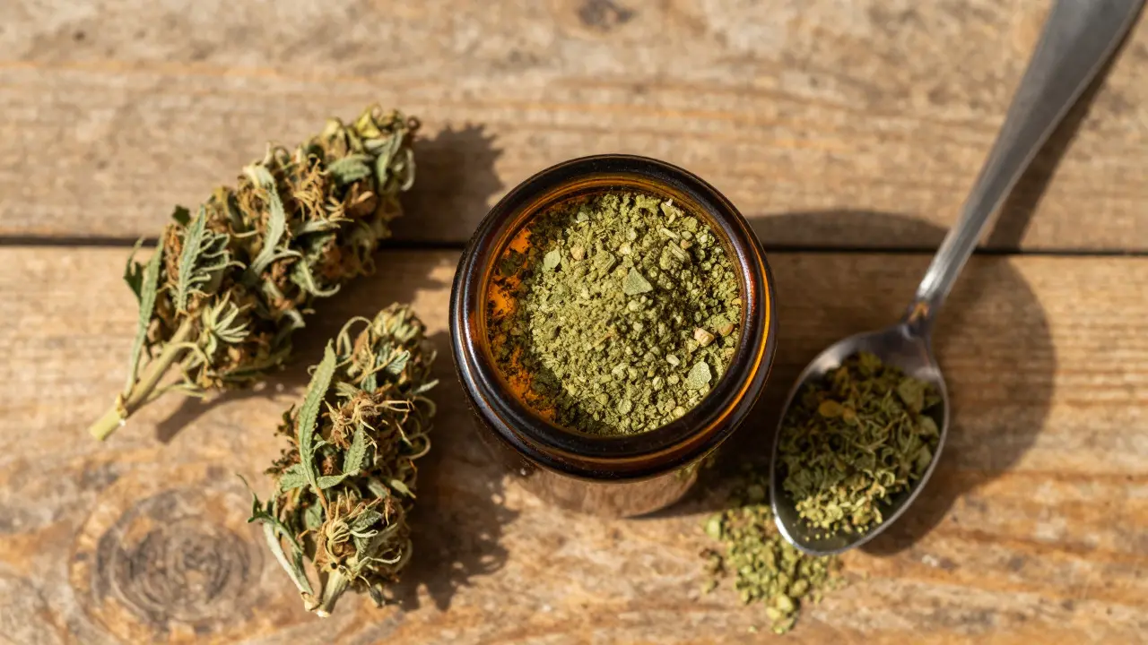 Gemahlenes Cannabis in einem bernsteinfarbenen Glas auf rustikalem Holz