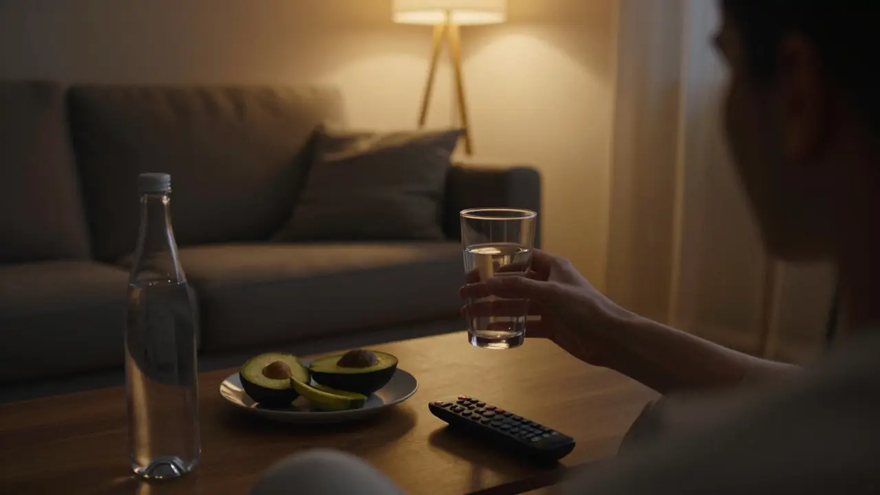 Gemütliches Wohnzimmer mit Wasser und Obst zur Entspannung