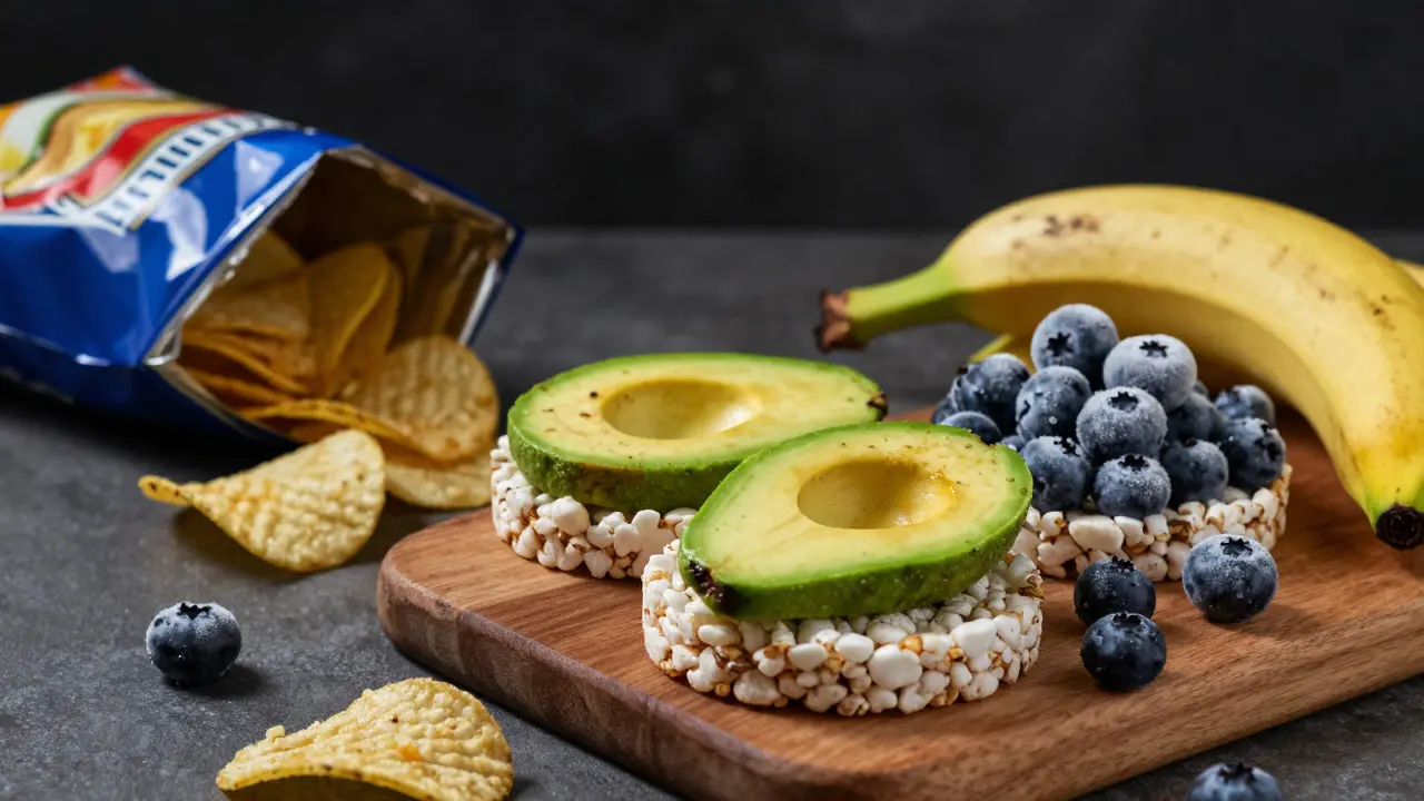 Gesunde Snacks wie Avocado und Beeren auf Holz