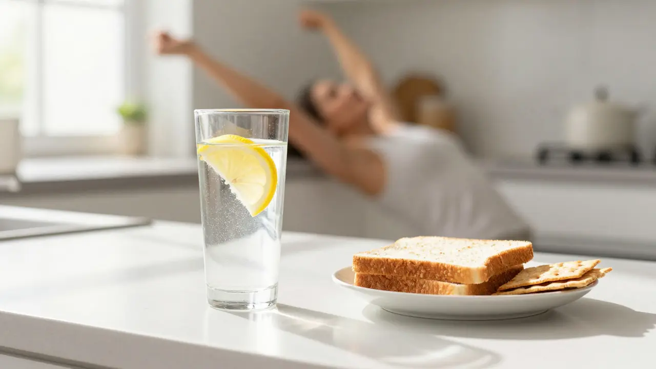 Gesundes Frühstück mit Wasser, Zitronensaft und Toast als Gegenmittel gegen einen Kater.
