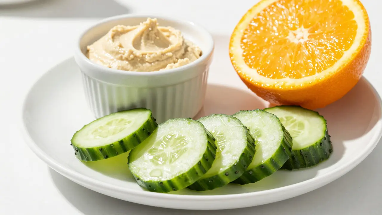 Gurkenscheiben mit Hummus und frische Orange