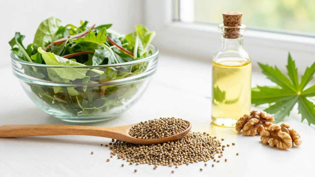 Hanfsamen und Öl auf frischem Salat als gesunde Ernährung