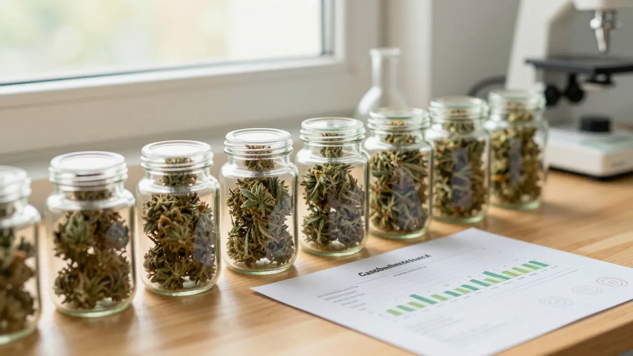 Hochwertige CBD-Blüten neben einem Laborzertifikat für Inhaltsstoffe