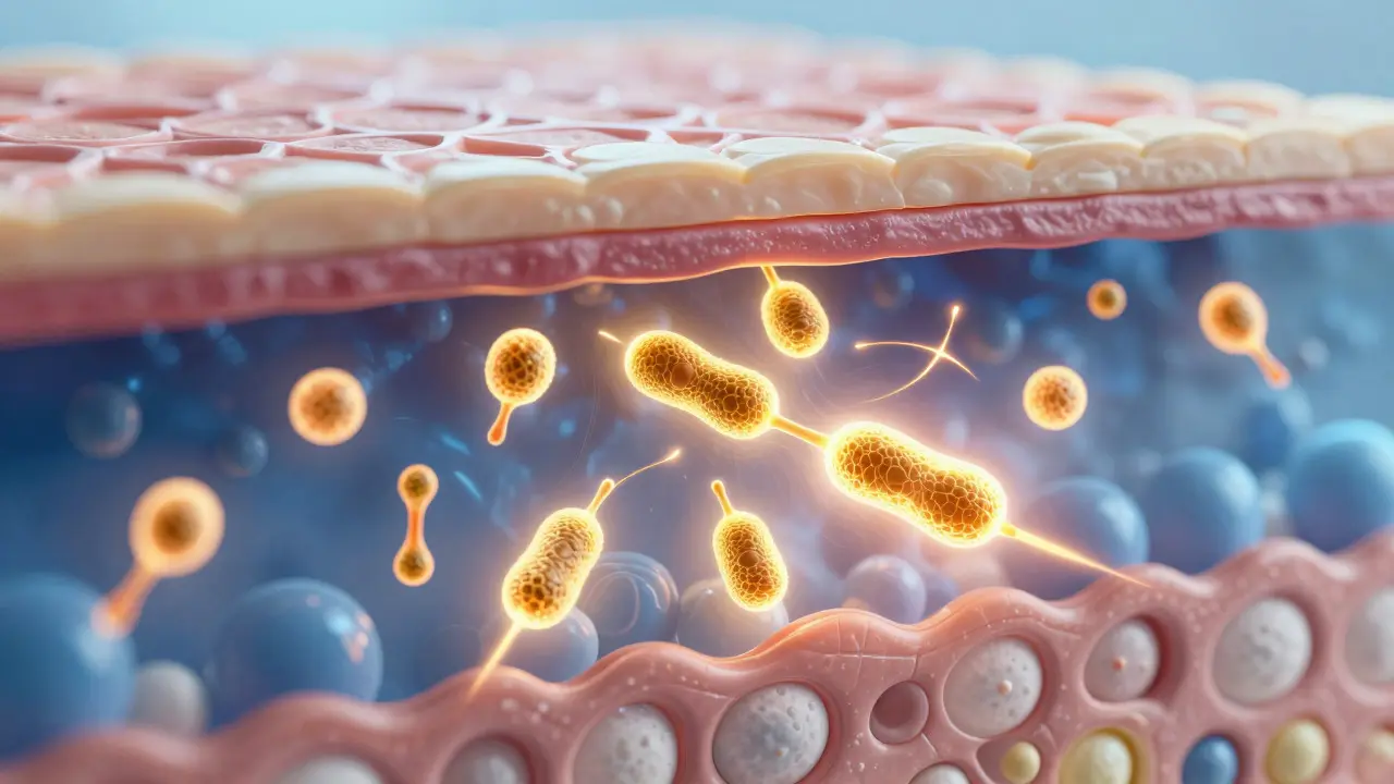 Illustration of CBD molecules penetrating skin layers