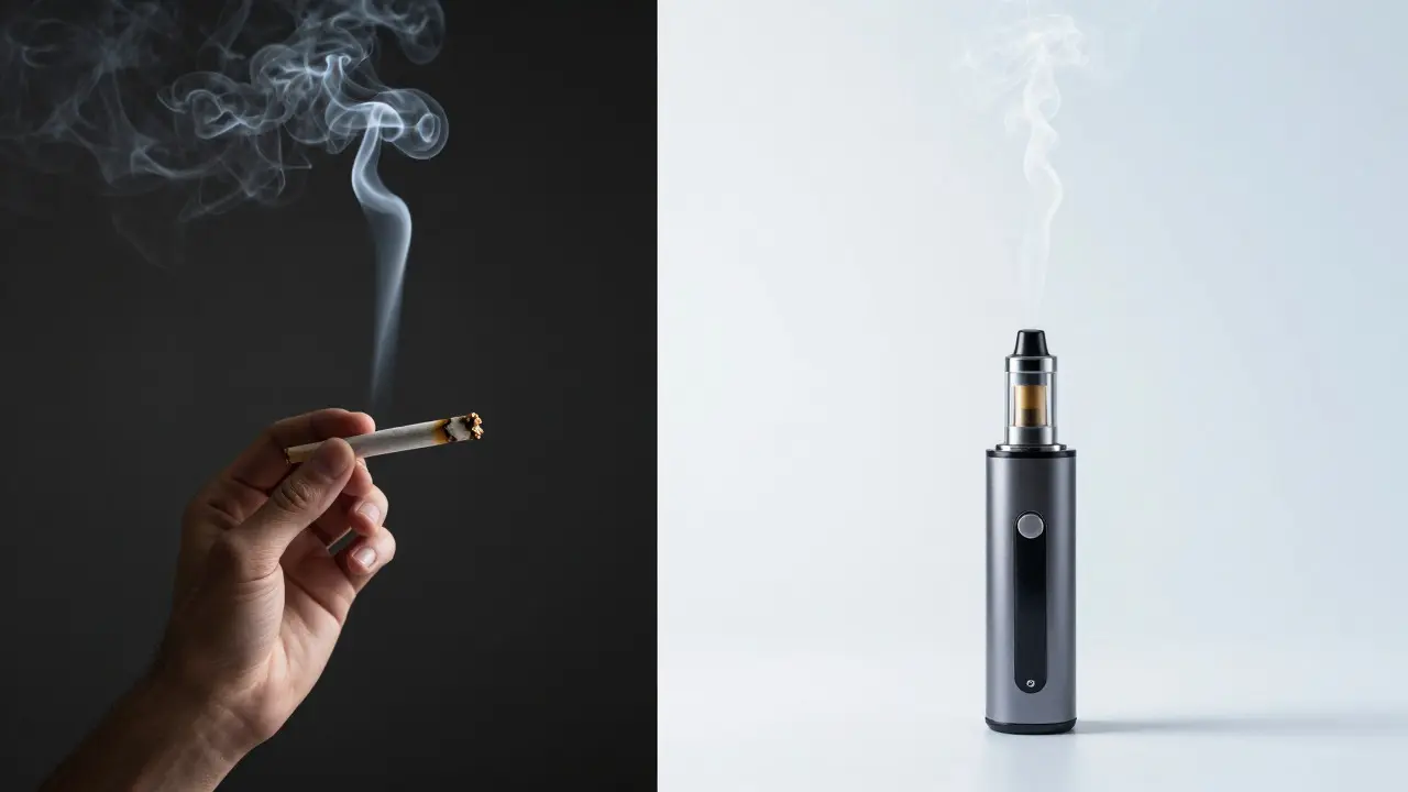 Kontrast zwischen dickem Rauch von einer Joint und klarem Dampf eines Vaporizers