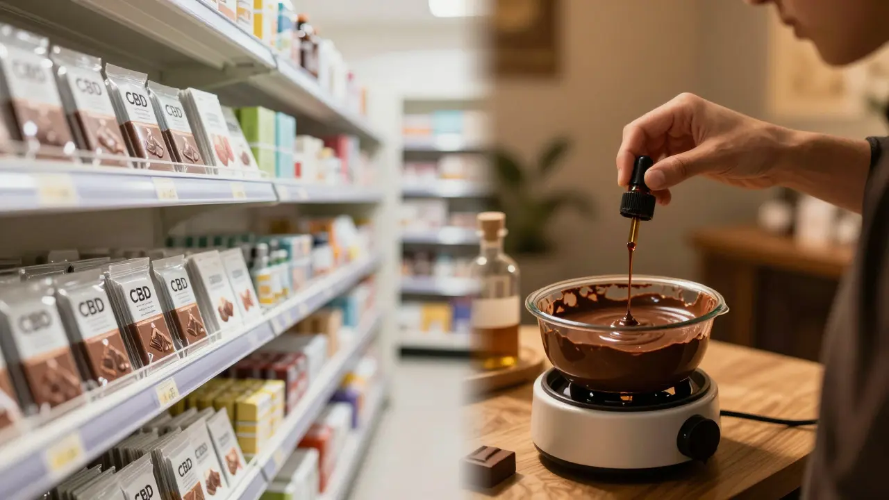 Kontrast zwischen öffentlichem CBD-Schokolade-Regal und privater THC-Herstellung