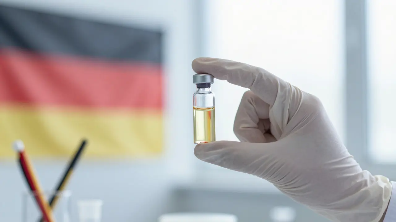 Laborhand hält Vial mit goldenem Öl vor deutschem Hintergrund