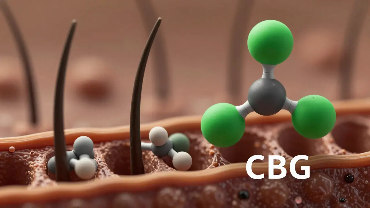 Macro view of CBG molecules interacting with hair roots