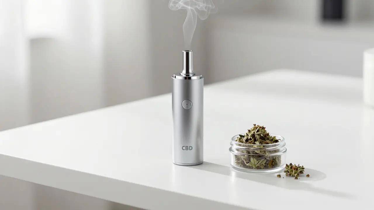 Moderner Vaporizer neben einer Dose CBD Crumble
