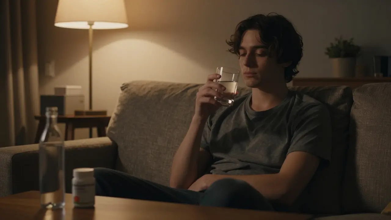 Person auf dem Sofa mit Wasserglas, die müde wirkt, warmes Ambiente.