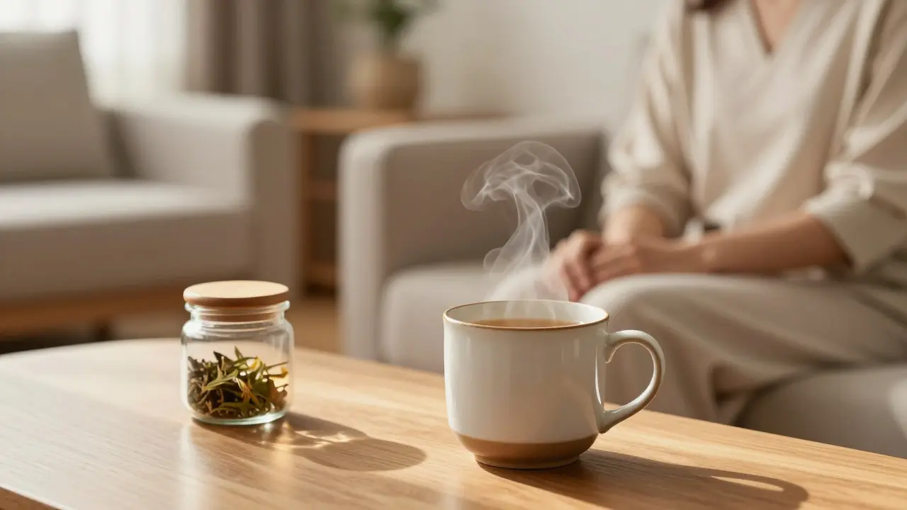 Person entspannt mit Kräutertee in hellem Wohnzimmer
