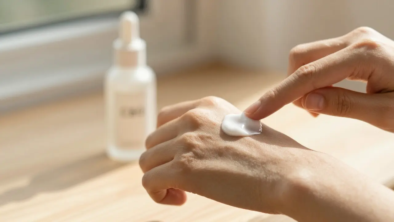 Person trägt eine Creme auf die Haut auf, Symbol für topische Anwendung