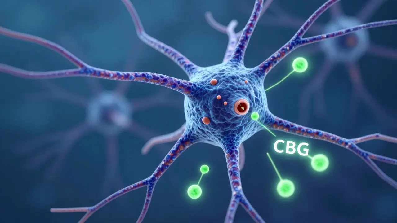 Stilisierte Nervenzelle wird von grünen CBG-Molekülen geschützt