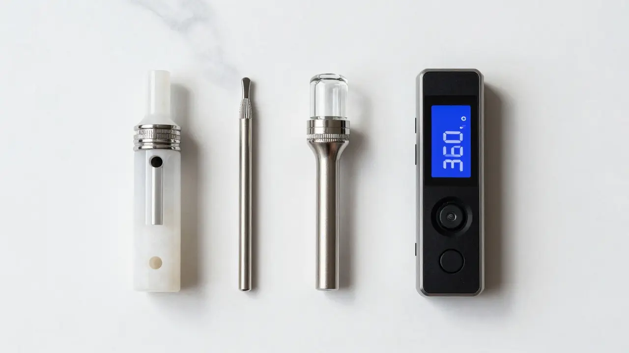 Übersicht der Dabbing-Ausrüstung: Quarz-Nagel, Tool und E-Rig auf Marmor