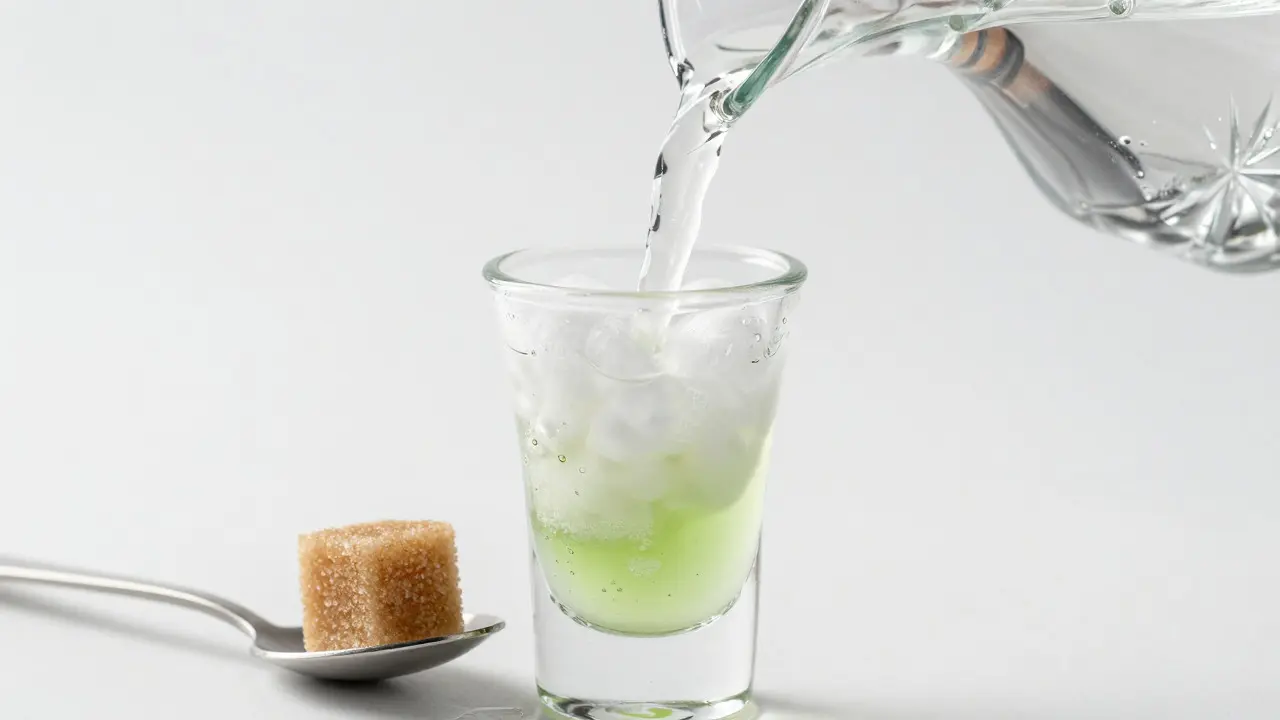 Wasser wird in Absinth gegossen, der Louche-Effekt entsteht