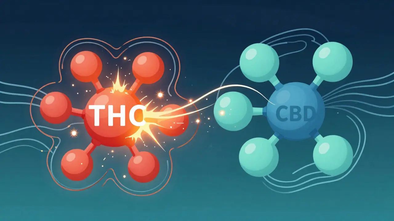 Abstract illustration comparing the chaotic effects of THC with the calming modulation of CBD on neural pathways
