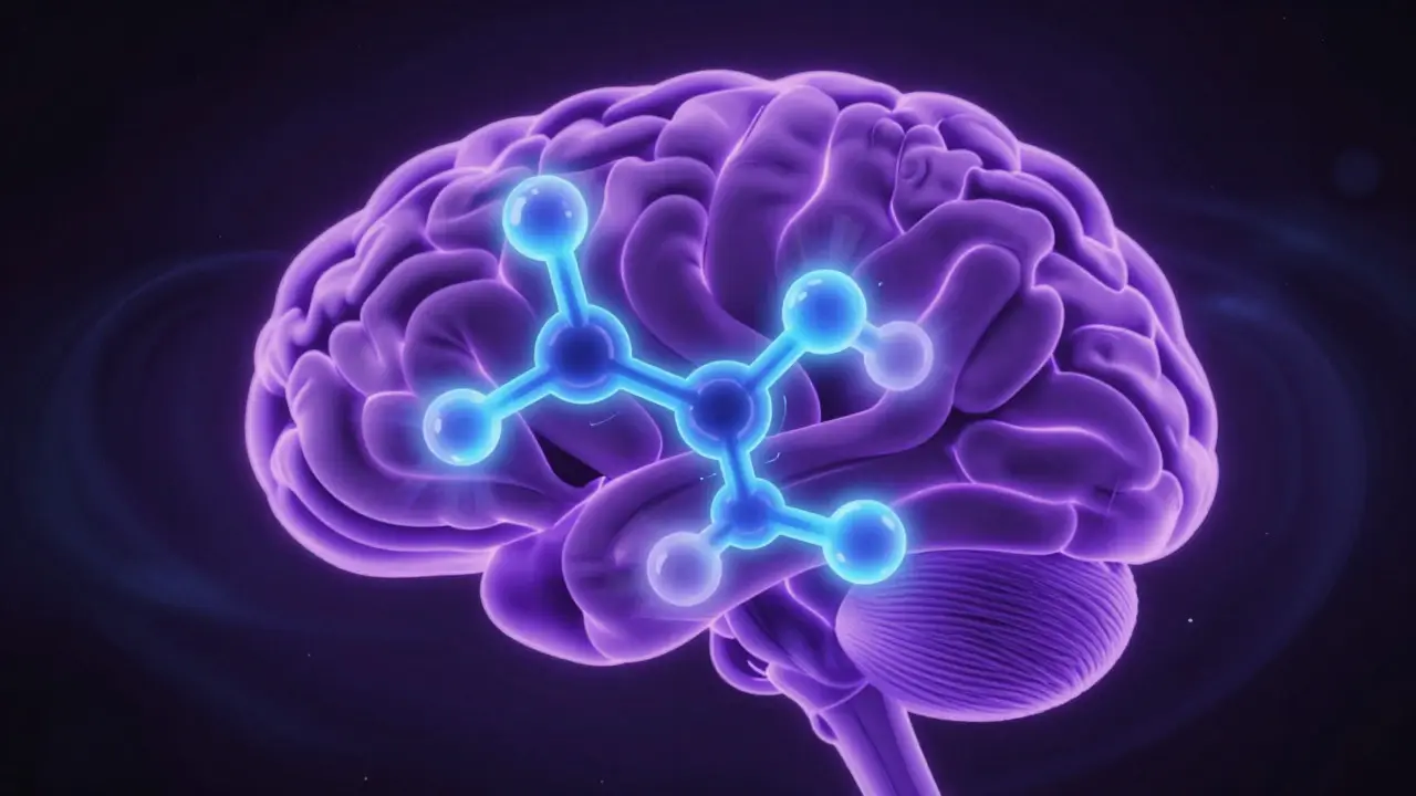 Abstract illustration of a glowing molecule binding to a brain receptor