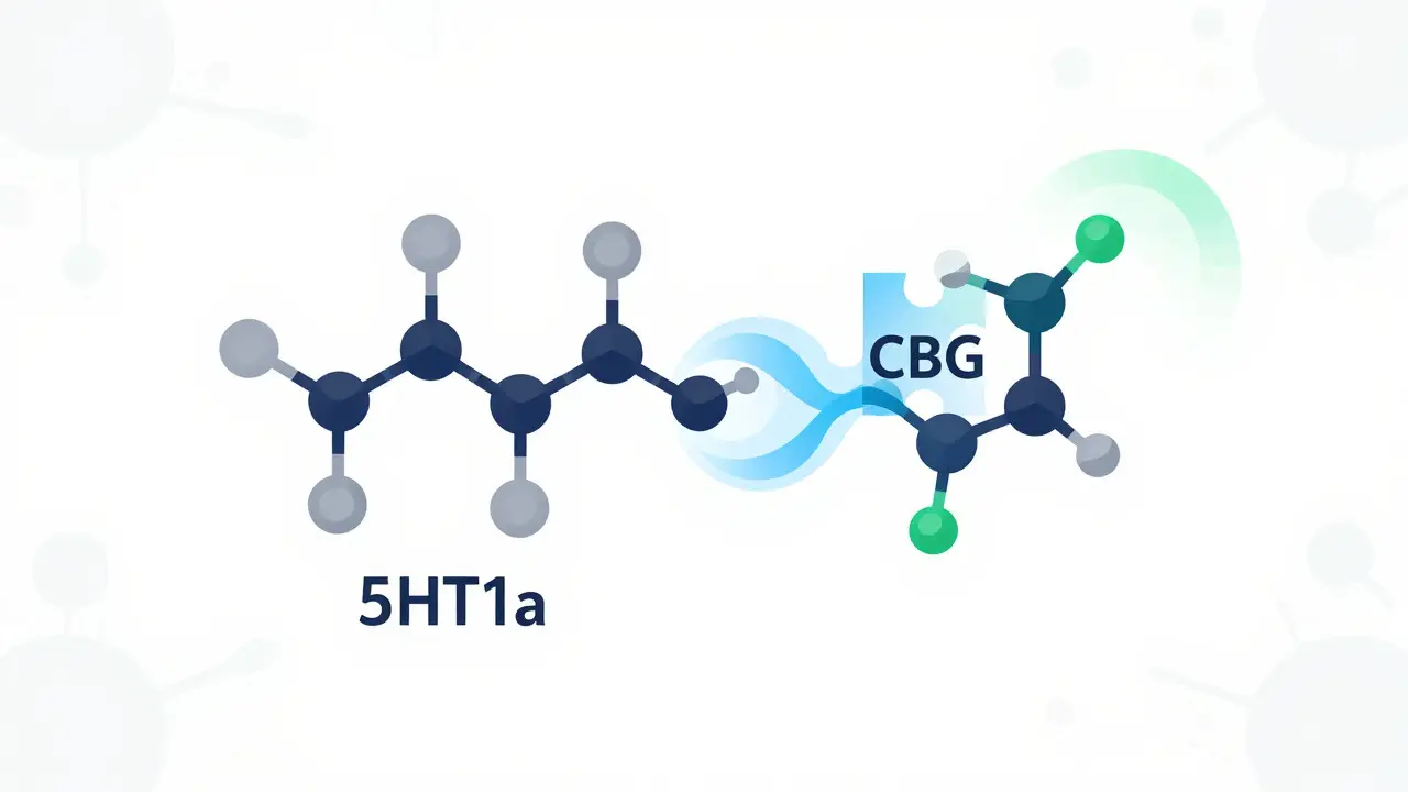 Abstrakte Darstellung der Interaktion zwischen CBG-Molekül und Serotonin-Rezeptor