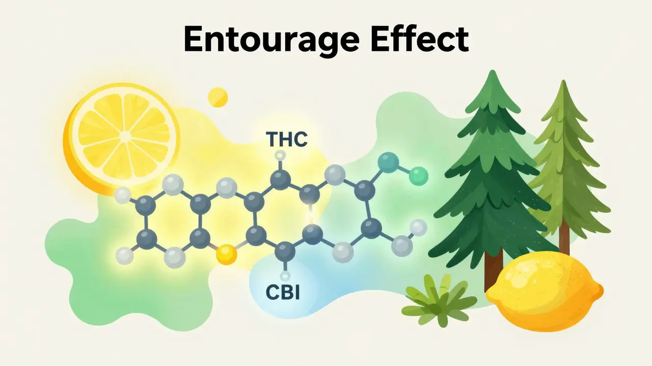 Abstrakte Illustration der Synergie zwischen Cannabinoiden und Terpenen für Fokus