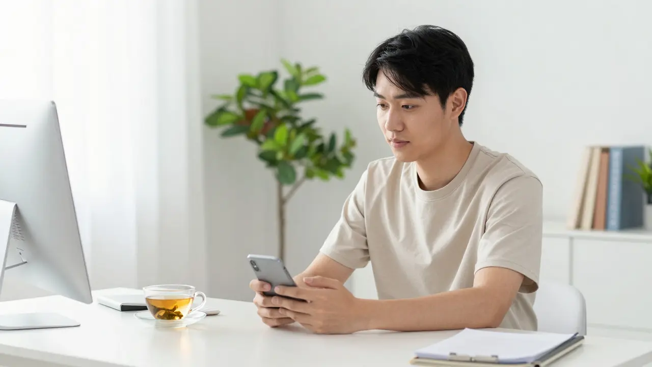 Focused individual at a bright desk with a cup of tea, embodying clarity