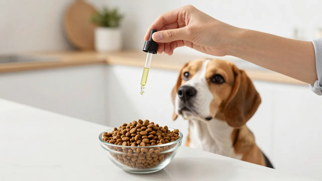 Hand gibt Tropfen von CBD-Öl in eine Schüssel Hundefutter
