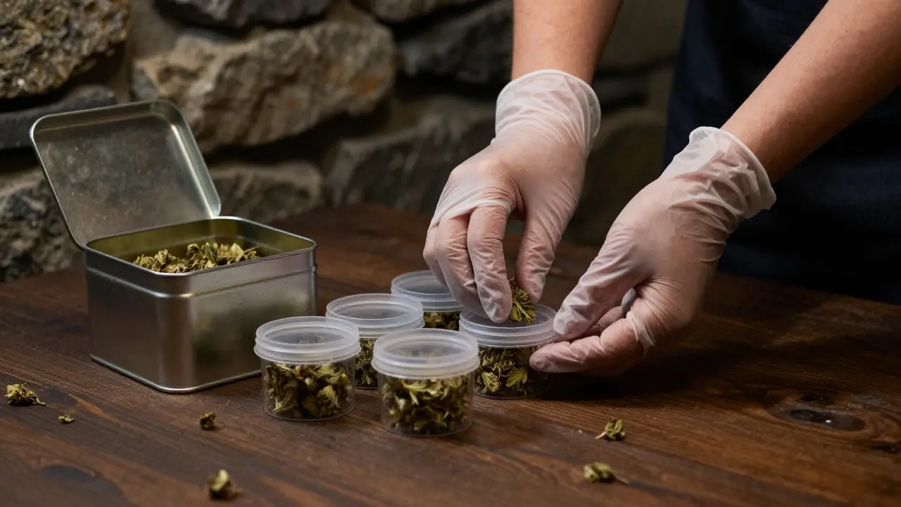 Hands in gloves portioning hemp buds into small jars on a wooden table