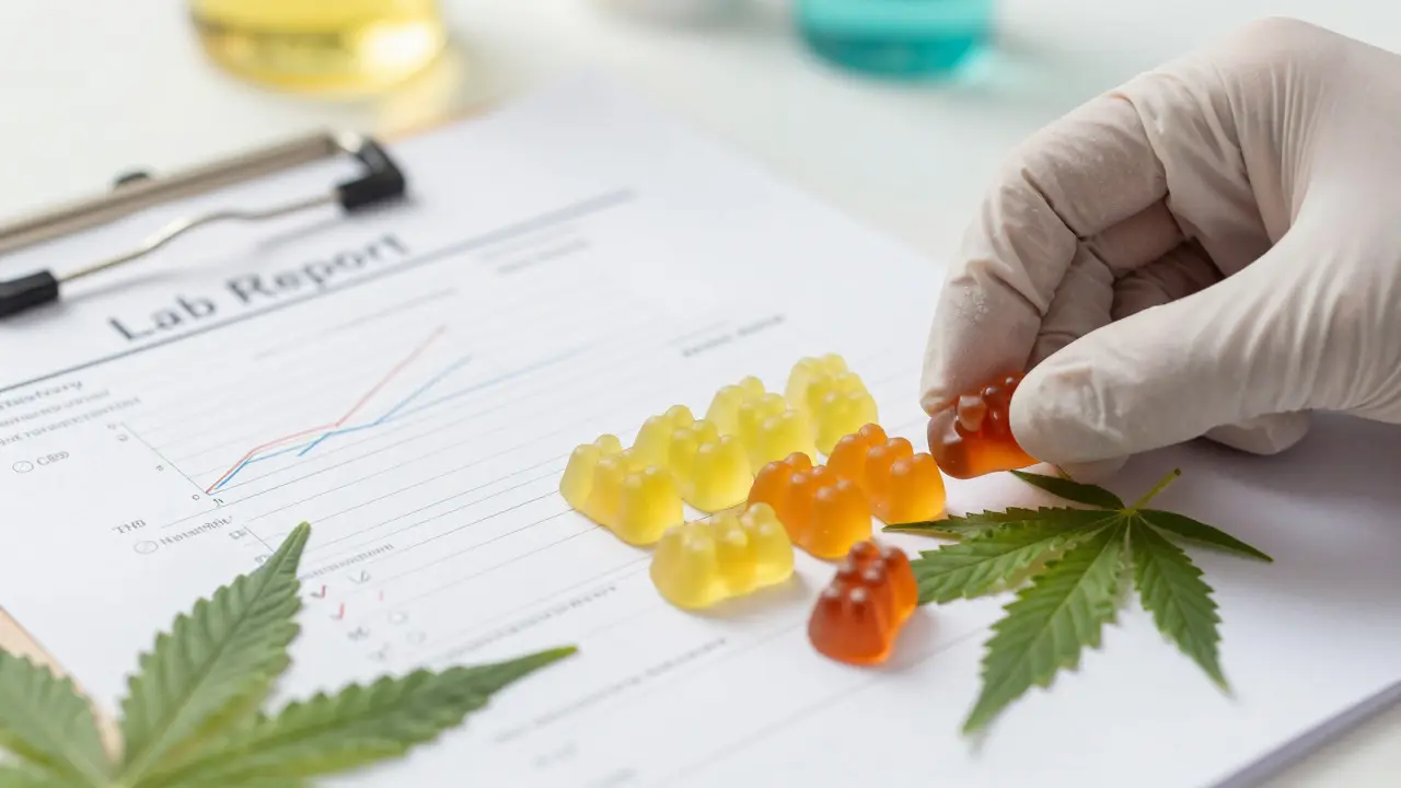 Hochwertige CBD-Gummis neben Laborzertifikat für Qualitätssicherung