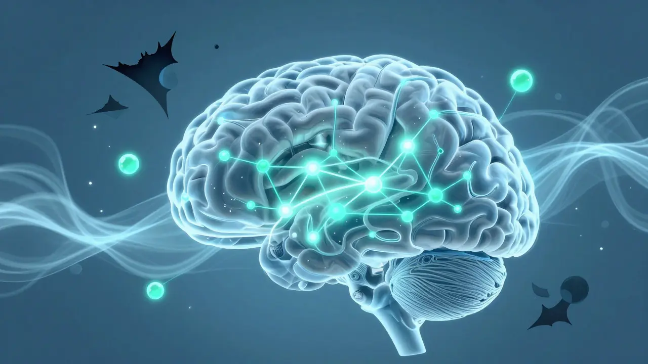 Illustration of a brain with glowing neural pathways representing stress relief