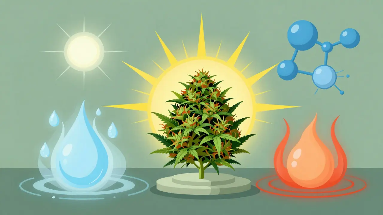 Illustration of a hemp bud surrounded by abstract symbols of light, air, heat, and moisture