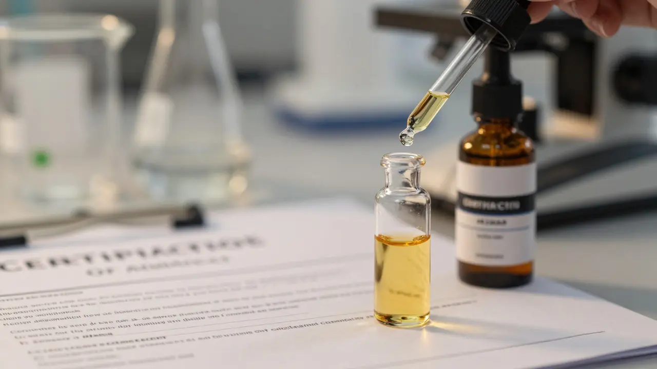 Laborflasche mit reinem Cannabinoidöl und Qualitätssiegel