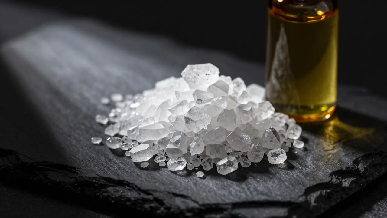 Macro shot of white CBD crystals next to a bottle of amber hemp oil on a dark surface
