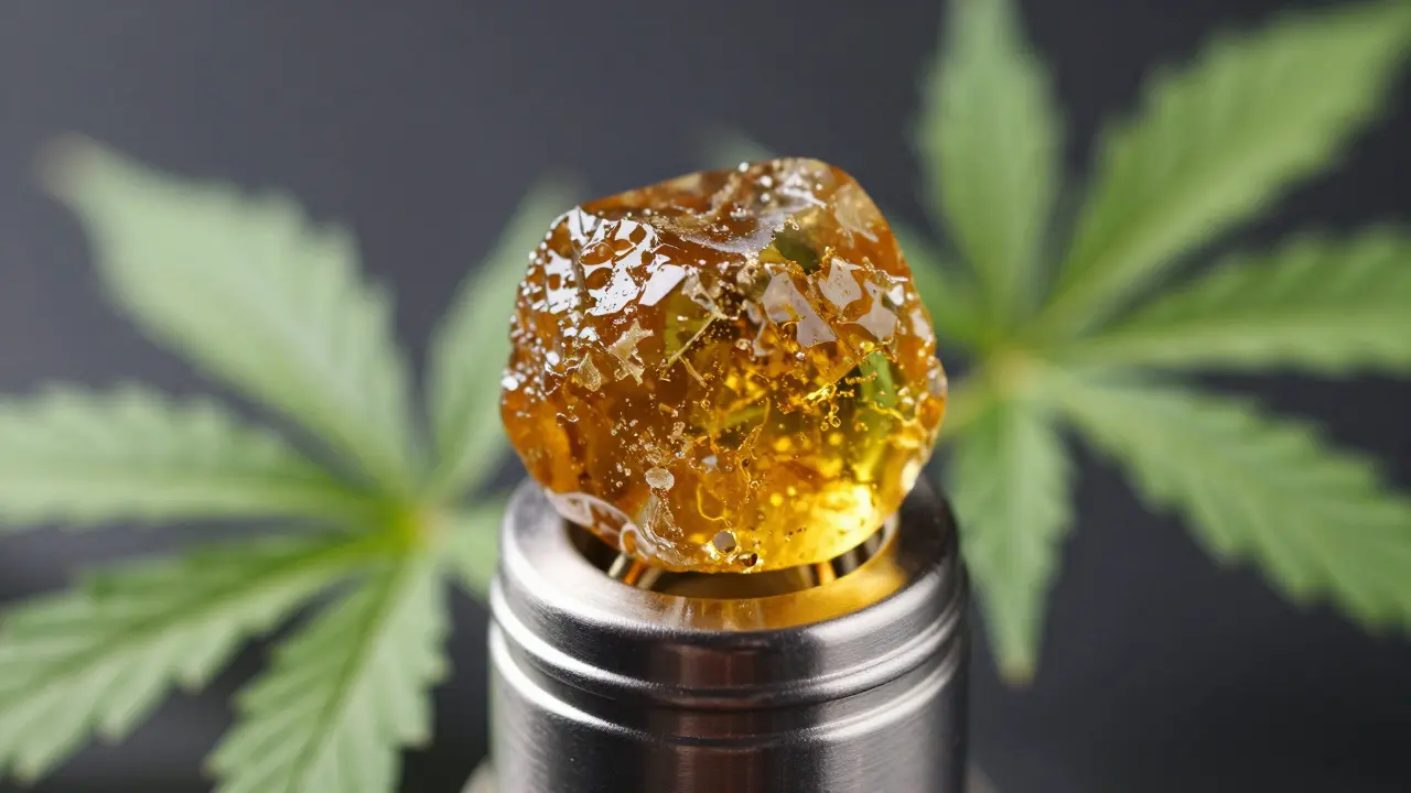 Nahaufnahme von CBD-Shatter auf einem Vaporizer mit Hanfblättern