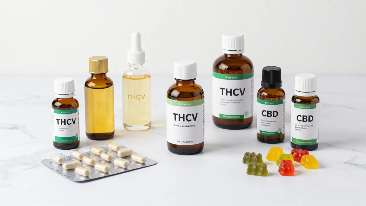 Nahrungsergänzungsmittel mit Cannabinoiden auf weißem Marmor