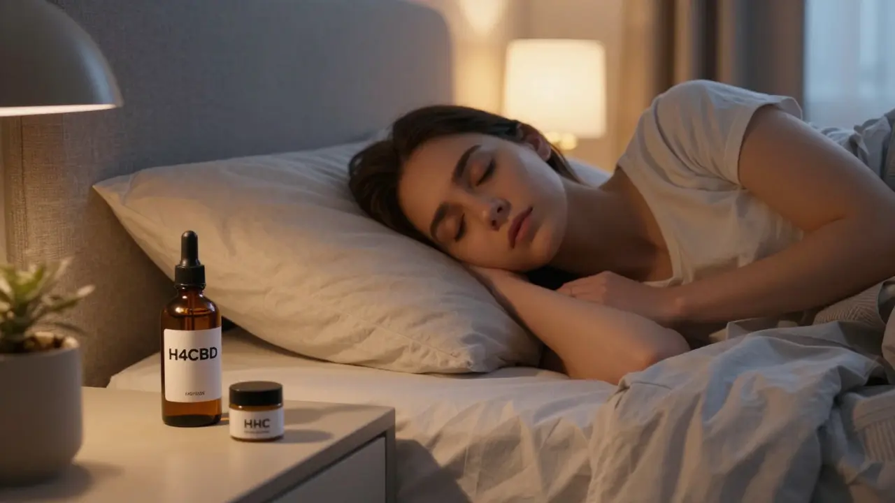 Person schläft friedlich im Schlafzimmer neben einer Ölflasche, die für Schlafunterstützung steht