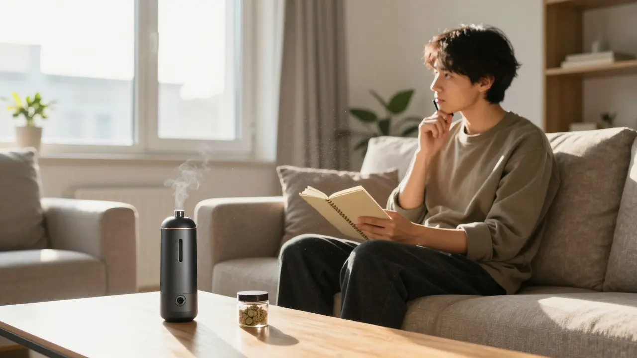 Person schreibt entspannt im Notizbuch neben einem Vaporizer
