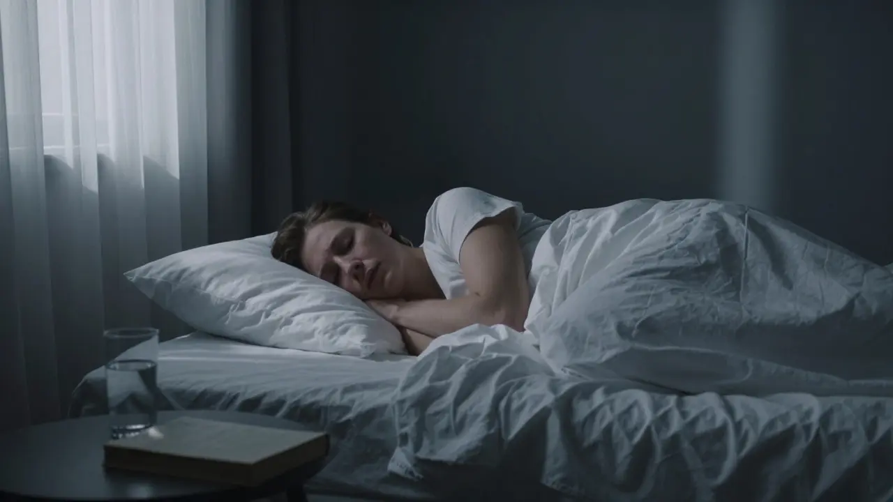 Person sleeping peacefully in a dark bedroom illuminated by moonlight