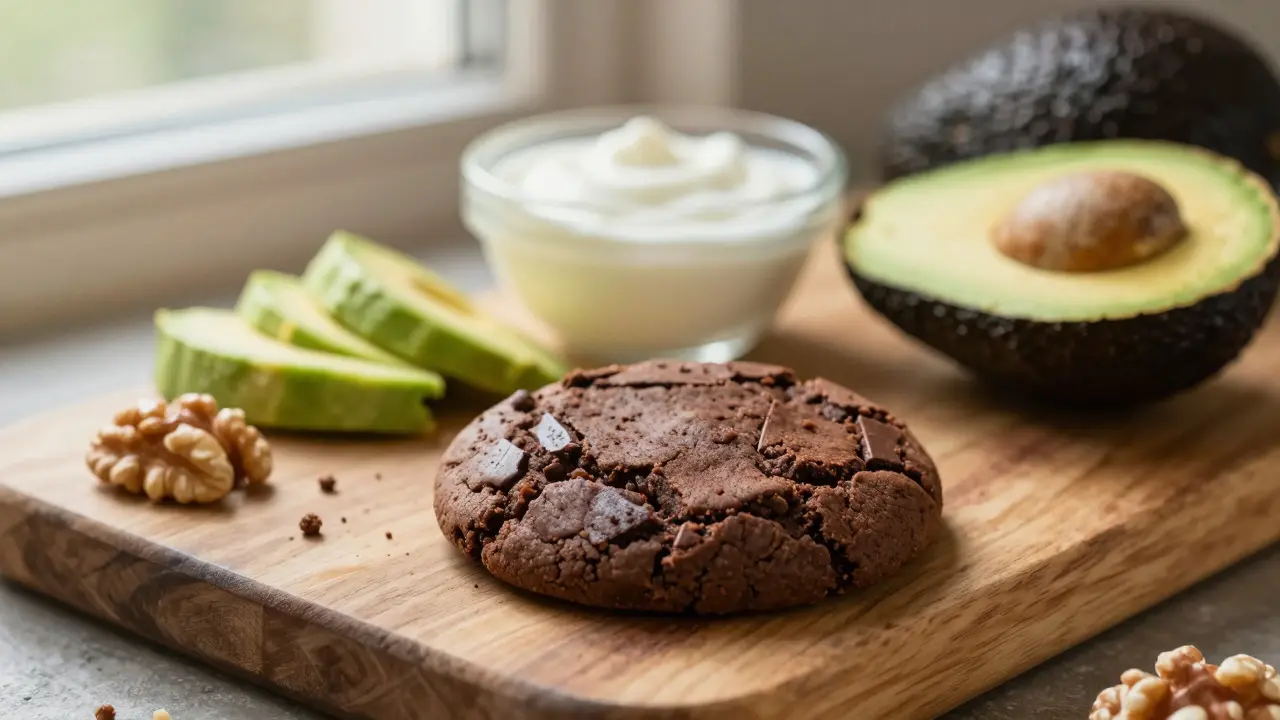Schokoladen-CBD-Cookie neben Avocado und Nüssen zur besseren Aufnahme