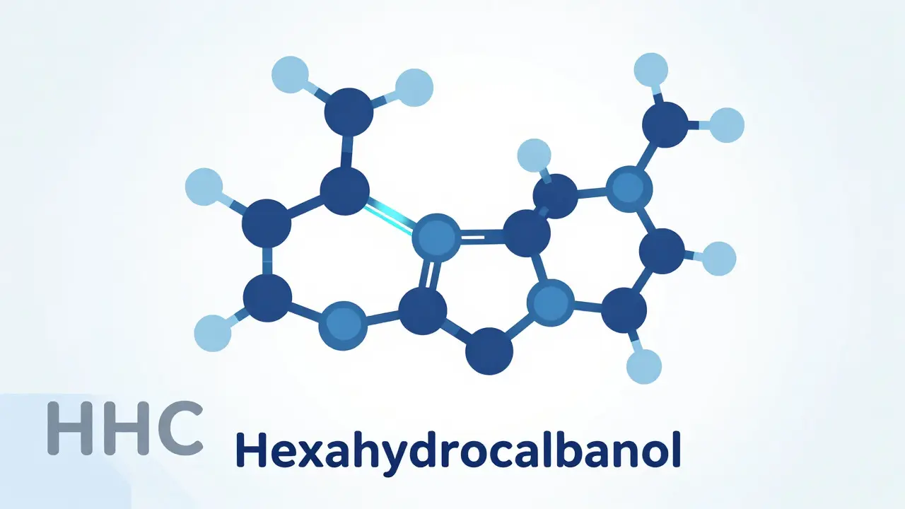 Scientific illustration of HHC molecular structure transformation