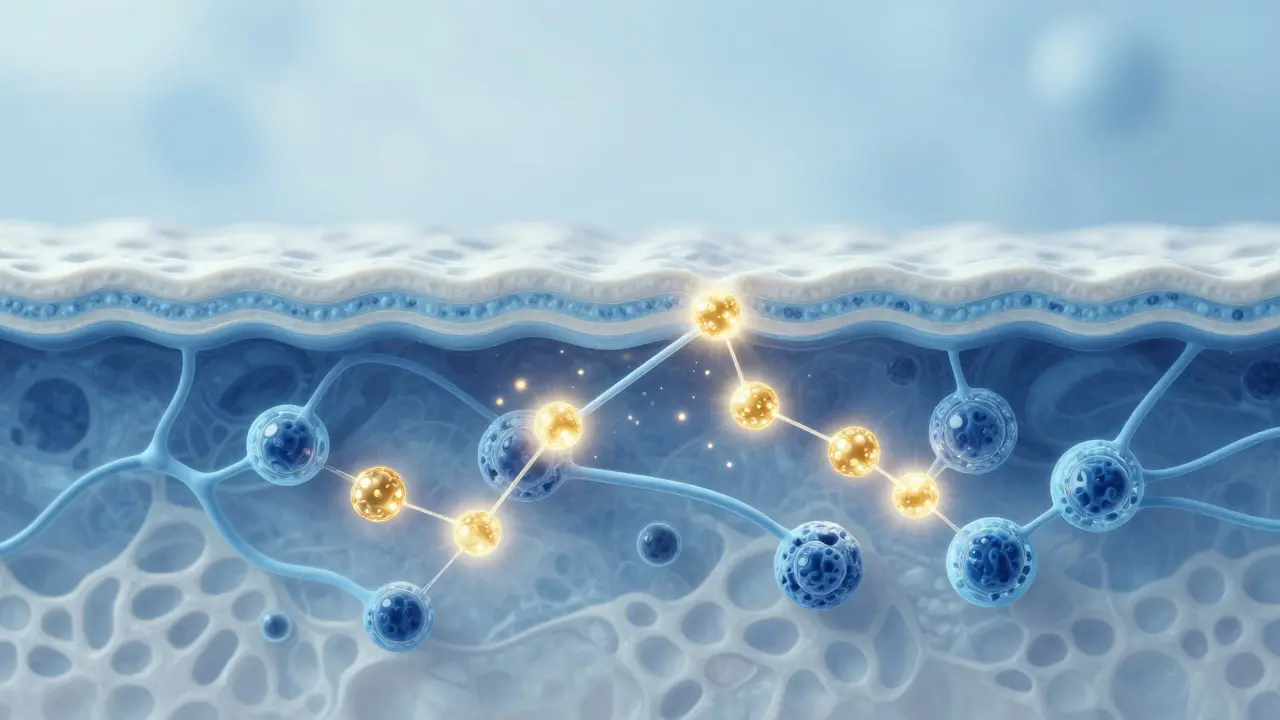 Wissenschaftliche Illustration von CBG-Molekülen, die mit Rezeptoren in den Hautschichten interagieren